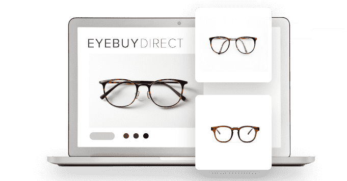 Open laptop screen displaying EyeBuyDirect eyeglassess and two similar styles as call outs